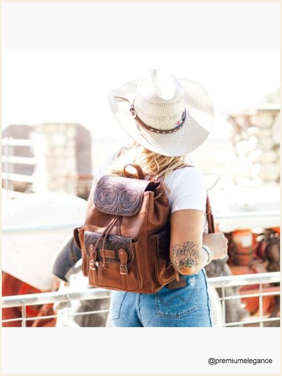 Floral Tooled Western Backpack Purse with Drawstring and Magnetic Button Closure Western Floral Tooled Backpack Purse with Laptop Compartment main image 3